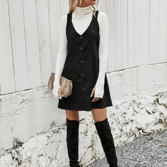 . Dresses & Skirts - black corduroy solid button front overall dress fall winter chic casual trending